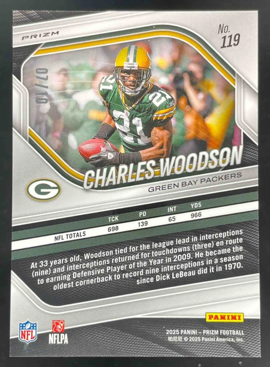 2025 Panini Prizm No Huddle Neon Green Prizm #119 Charles Woodson /10 - Image 2