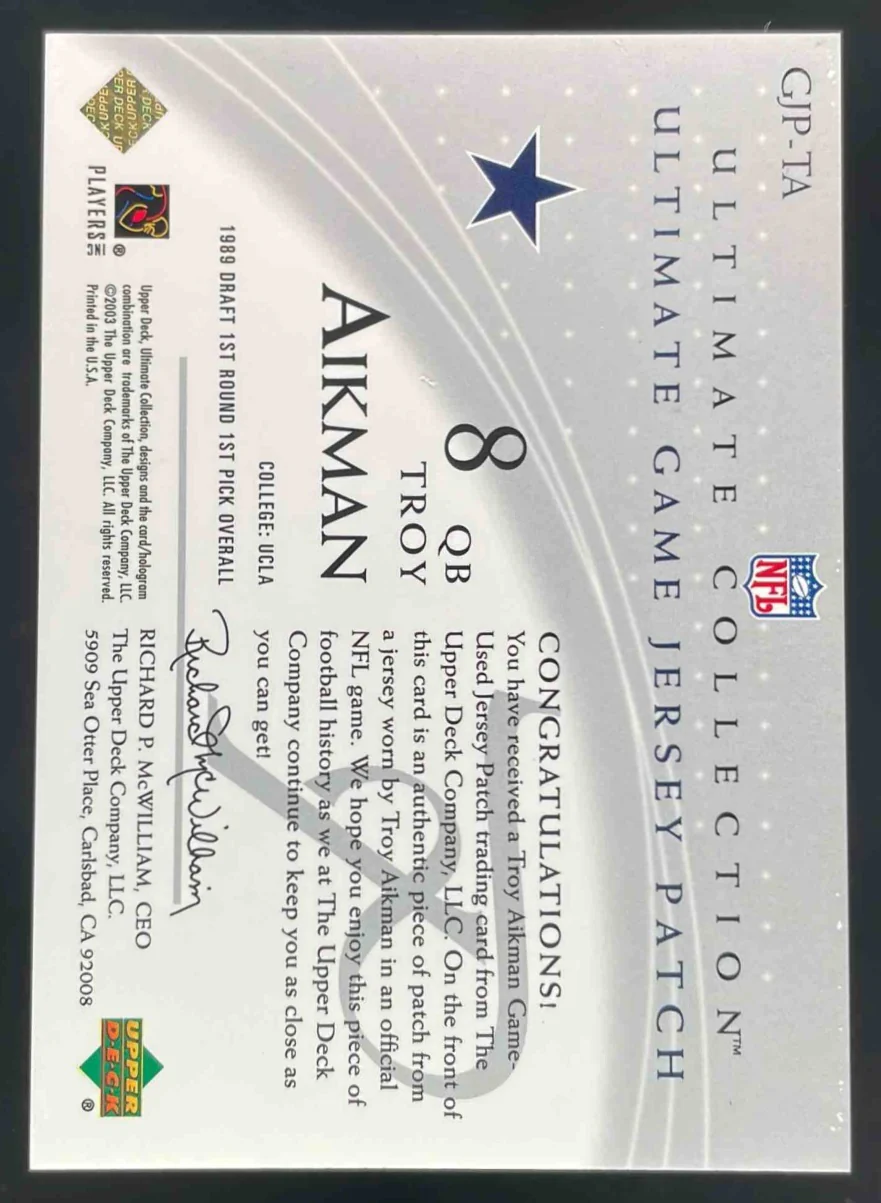 2003 Ultimate Collection Ultimate Game Jersey Patches #GJP-TA Troy Aikman /99 - Image 2