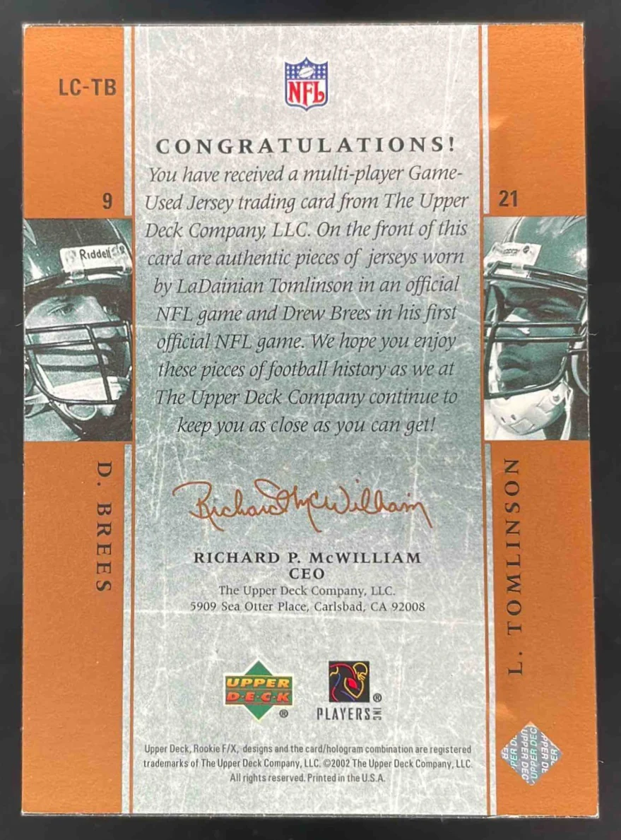 2001 Upper Deck Rookie F/X Legendary Combos LaDainian Tomlinson Drew Brees /100 - Image 2