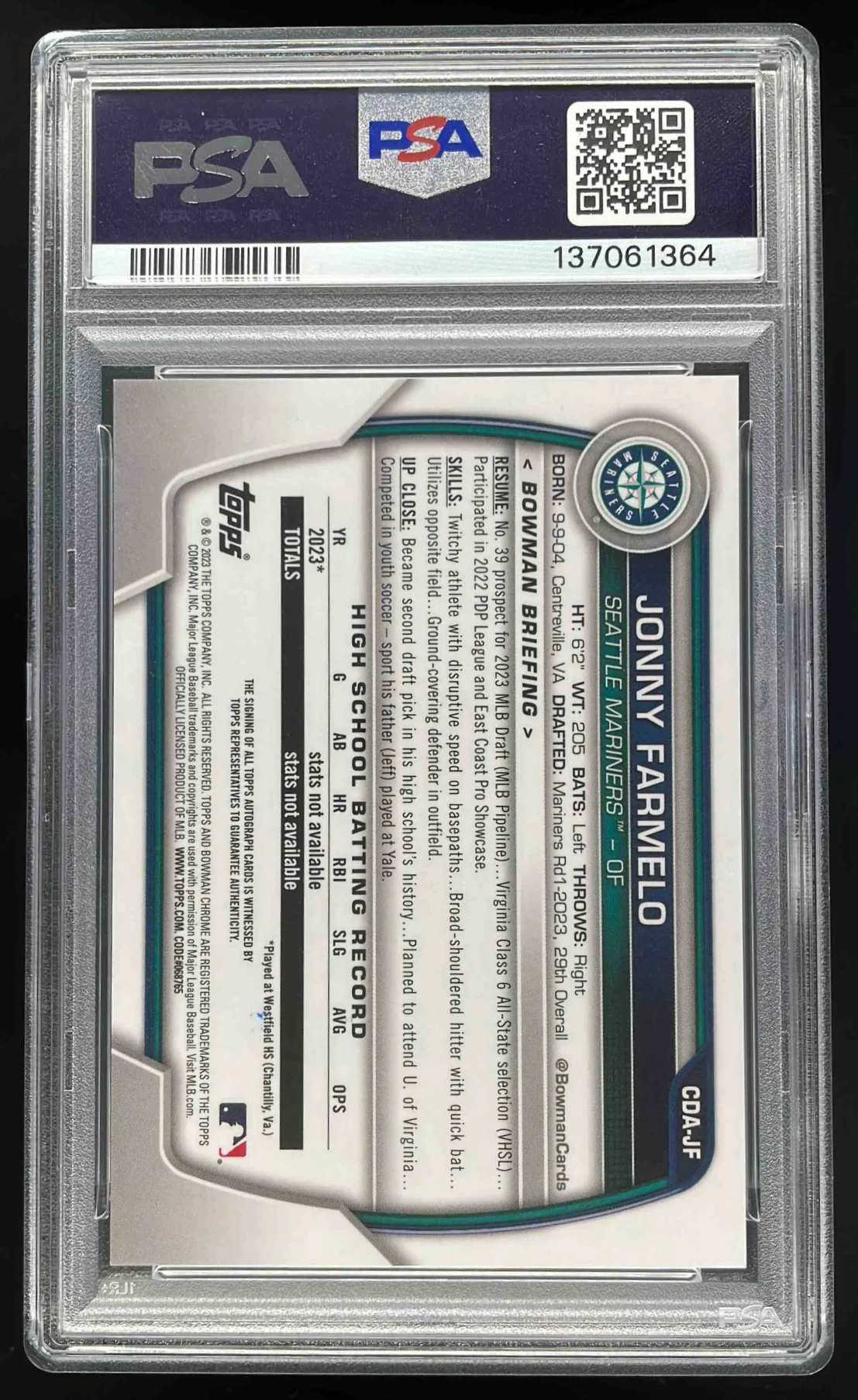 2023 Bowman Draft Chrome Prospect Autograph #CDA-JF Jonny Farmelo RC Auto PSA 10 - Image 2
