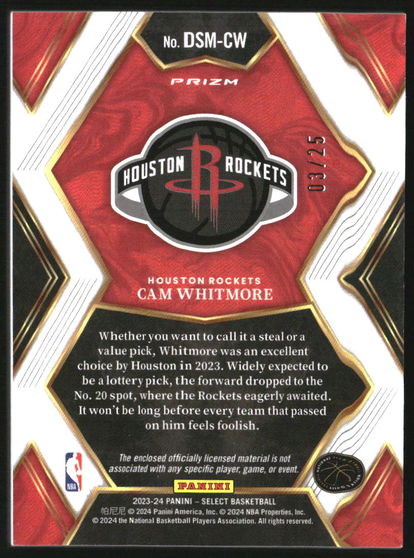 2023-24 Select Draft Selections Memorabilia Tie-Dye Prizms Cam Whitmore RC /25 - Image 2
