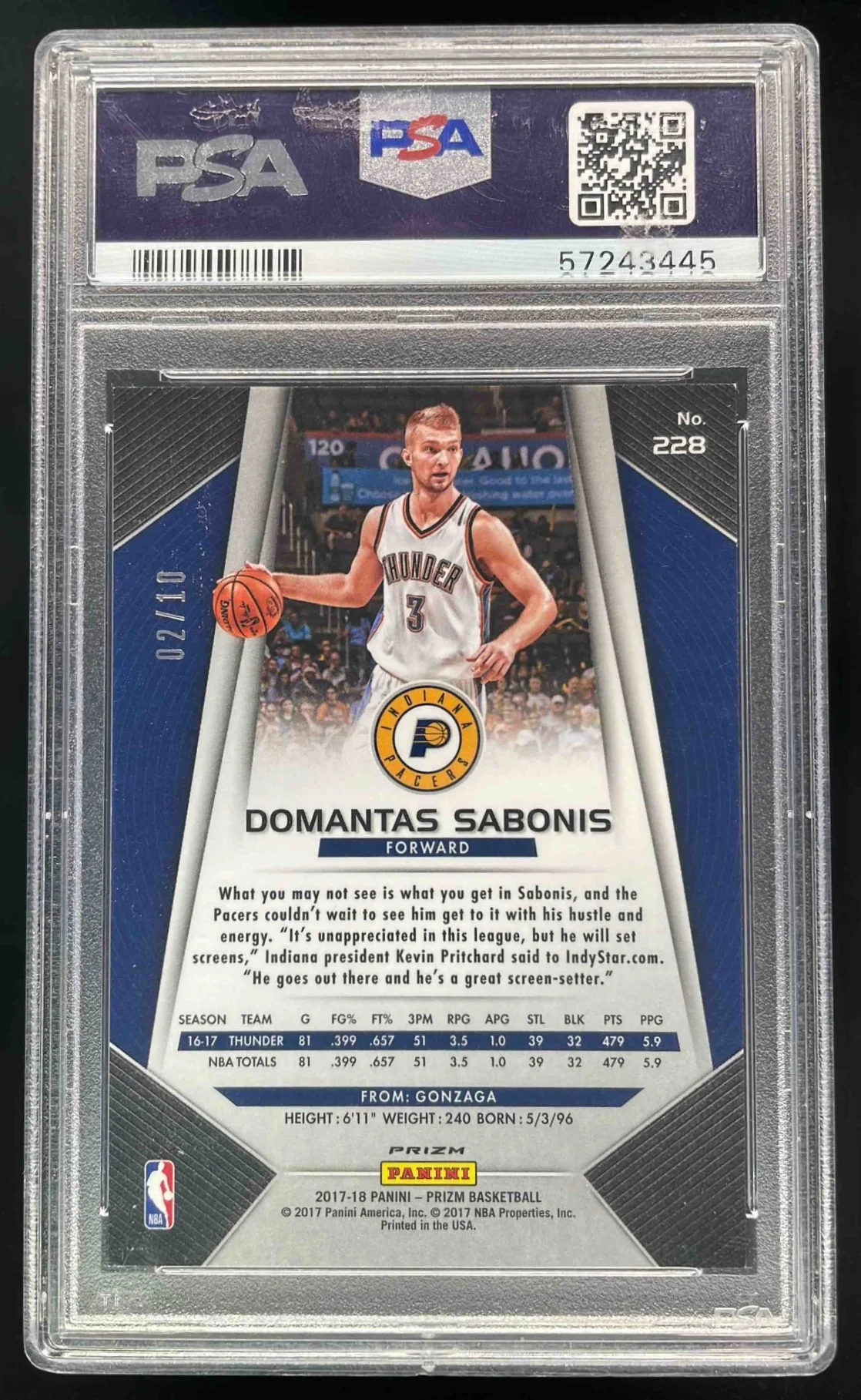 2017-18 Panini Prizm Prizms Gold #228 Domantas Sabonis /10 PSA 9 - Image 2