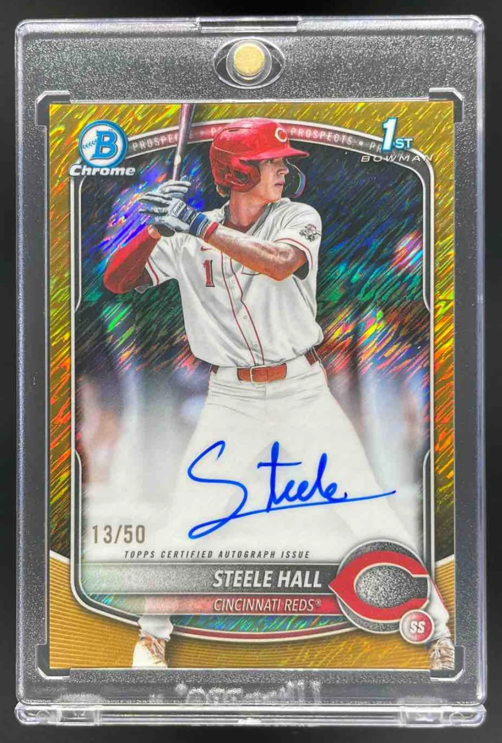 2025 Bowman Draft Chrome Gold Shimmer Refractor #CPA-SHA Steele Hall RC Auto /50