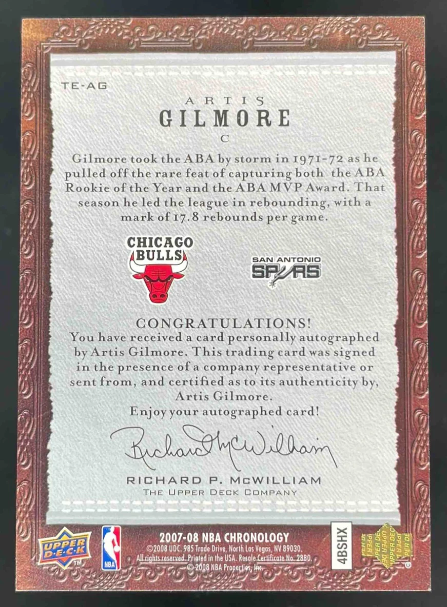 2007-08 Upper Deck Chronology Through the Years #TE-AG Artis Gilmore Auto /50 - Image 2