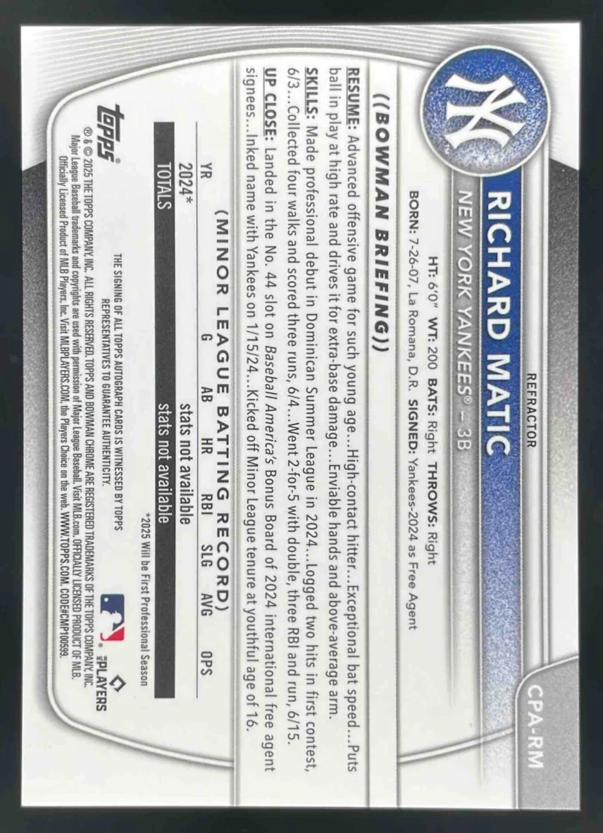 2025 Bowman Chrome Autographs Refractor #CPA-RM Richard Matic RC Auto /499 - Image 2