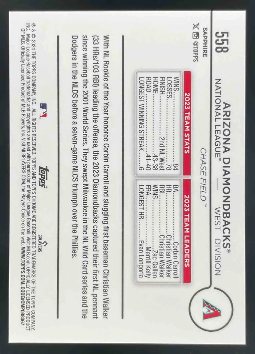 2024 Topps Chrome Sapphire Chrome Red #558 Arizona Diamondbacks Team Card /5 - Image 2