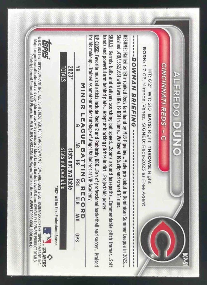 2024 Bowman Sapphire Chrome Orange Sapphire #BCP-51 Alfredo Duno /25 - Image 2