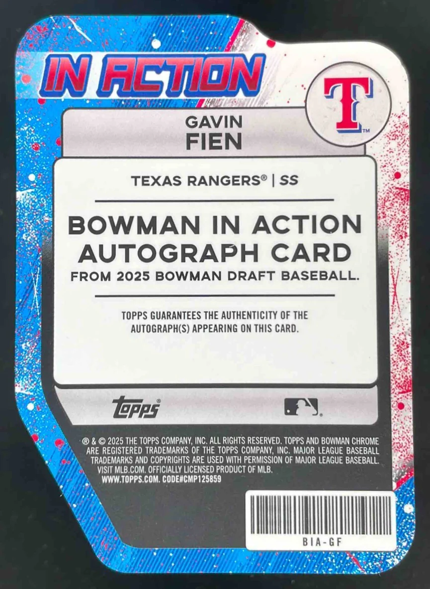 2025 Bowman Draft Bowman In Action Gold Mini-Diamond #BIA-GF Gavin Fien Auto /50 - Image 2