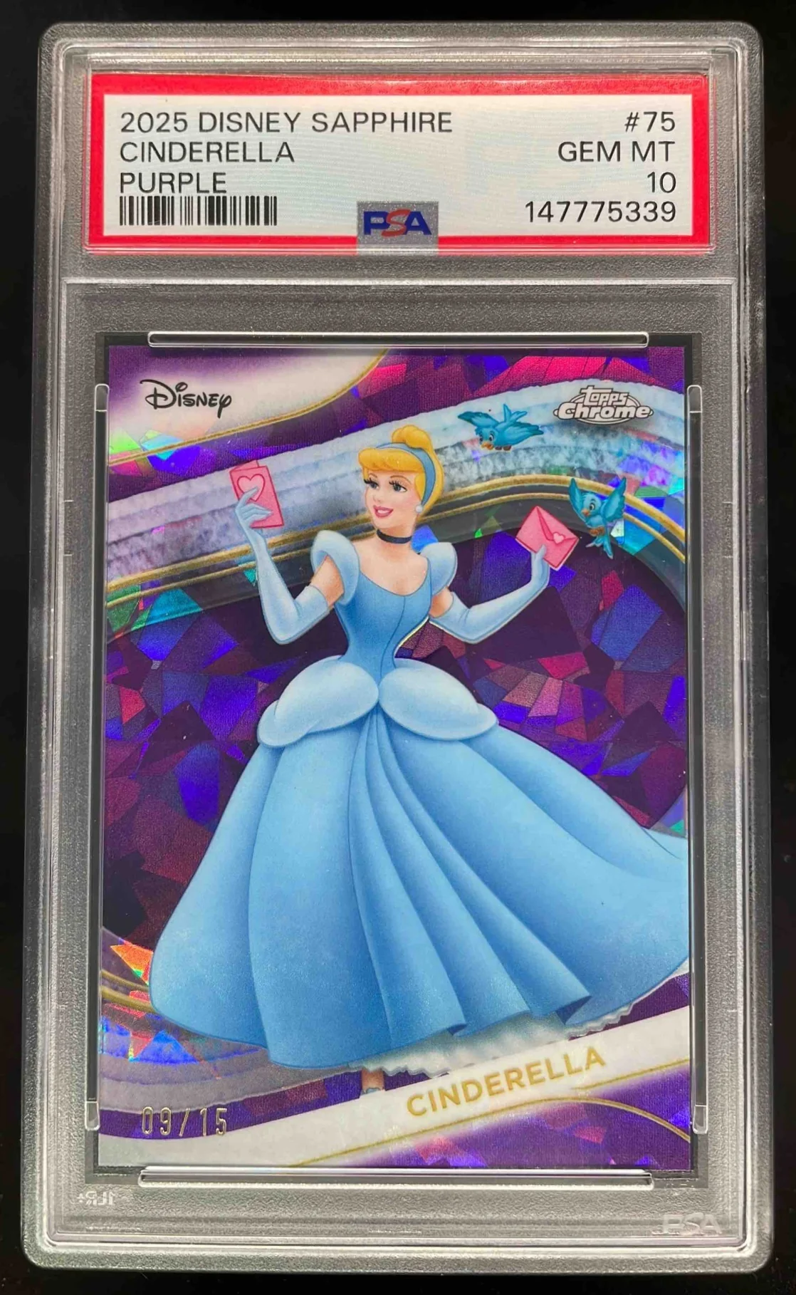 2025 Topps Chrome Disney Sapphire Purple Refractor #75 Cinderella /15 PSA 10