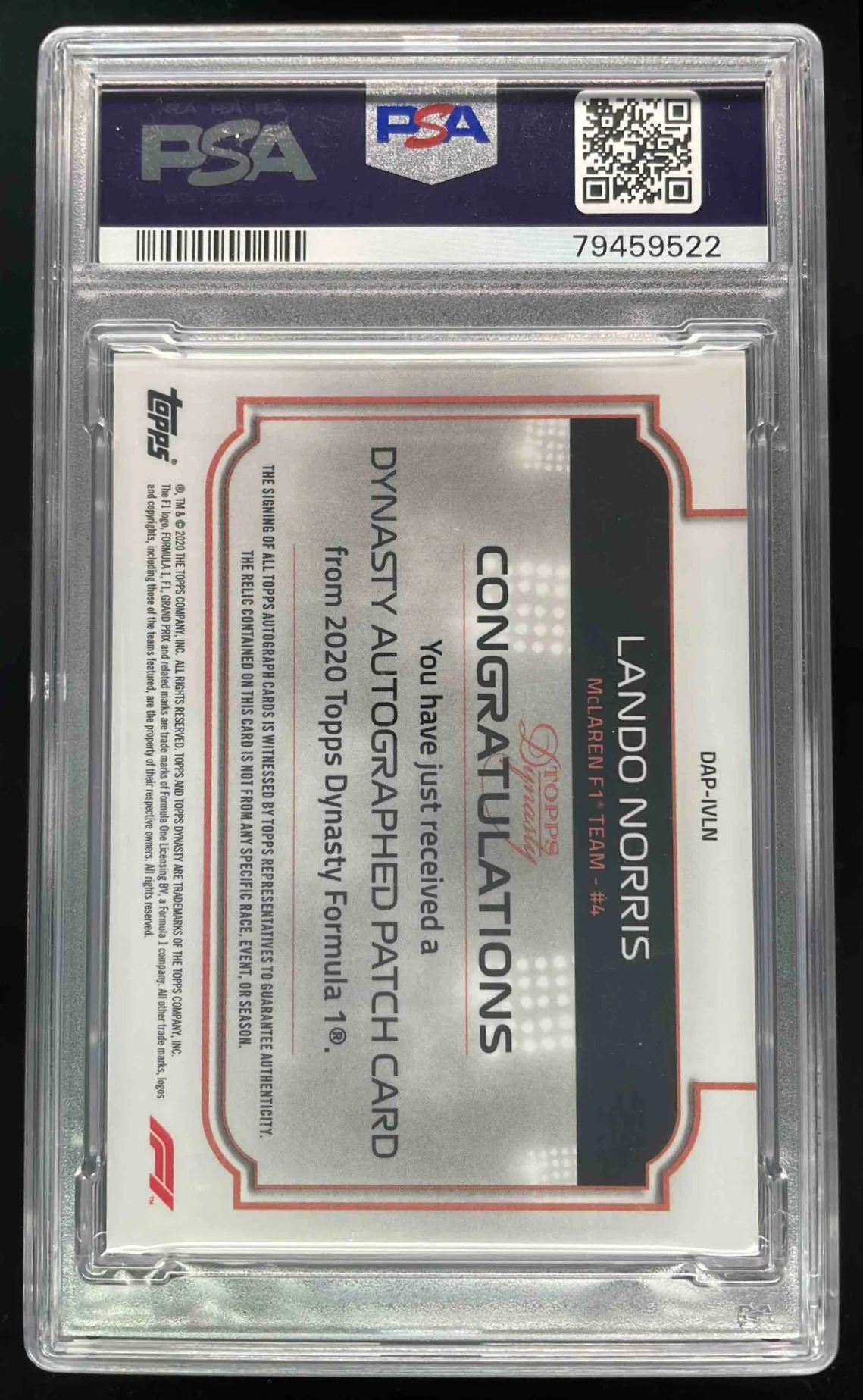 2020 Topps Dynasty Formula 1 Dynasty Patch #DAP-IVLN Lando Norris Auto /10 PSA 9 - Image 2