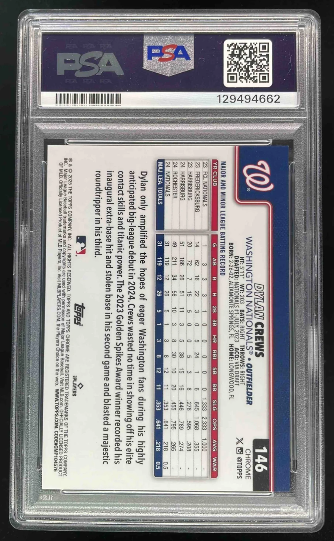 2025 Topps Chrome Super Short Prints #146 Dylan Crews RC SSP PSA 10 - Image 2