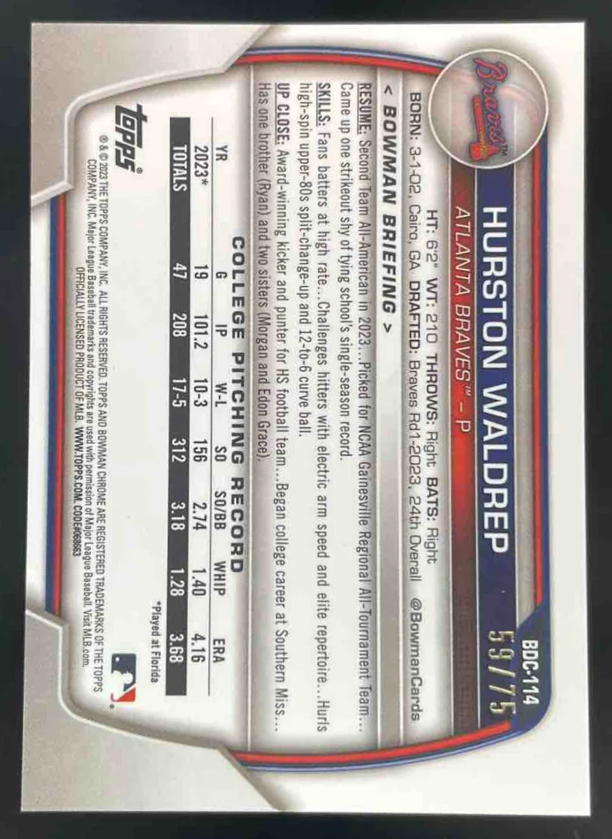 2023 Bowman Sapphire Chrome Yellow Refractor #BDC-114 Hurston Waldrep RC /75 - Image 2