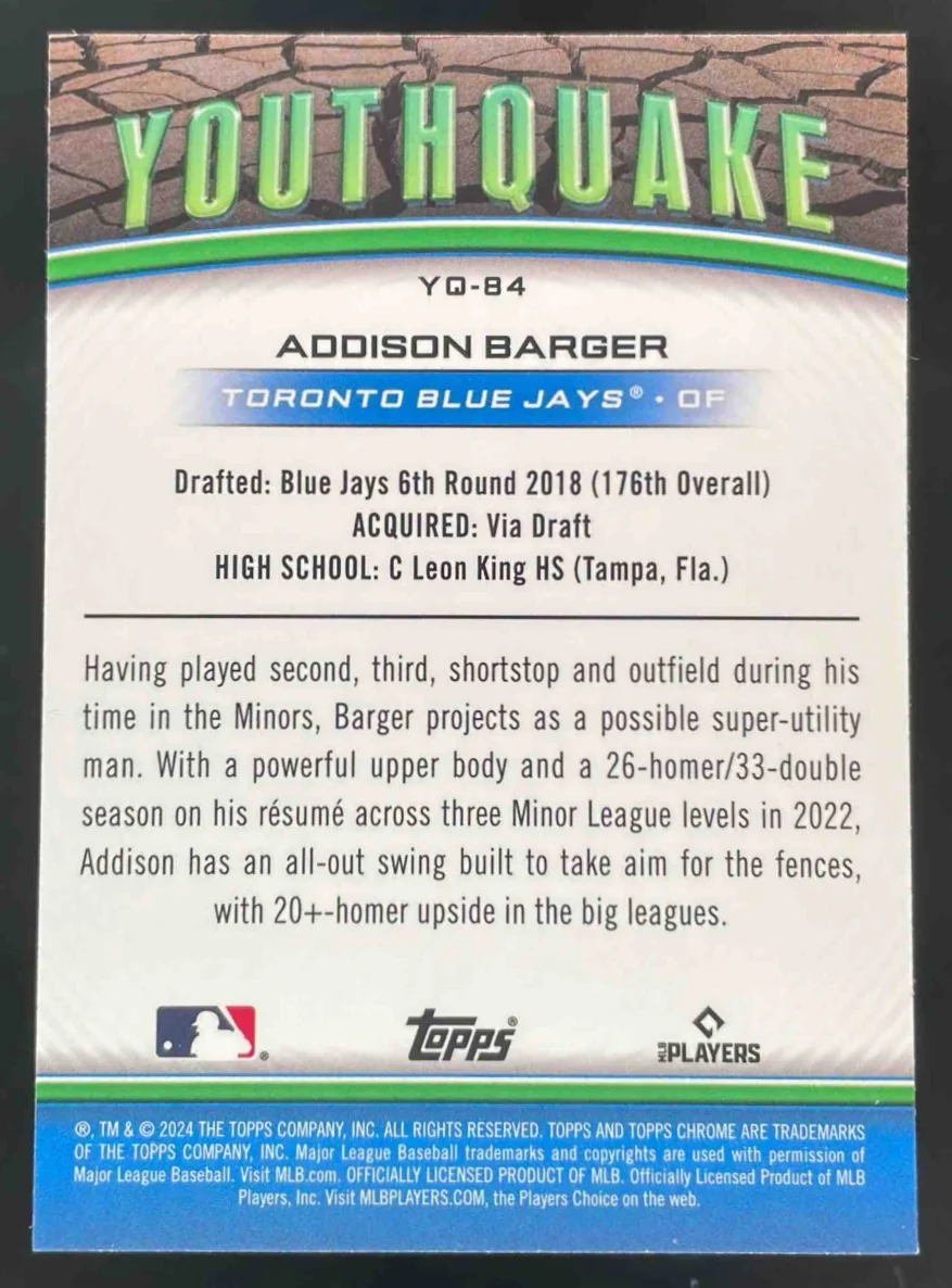 2024 Topps Chrome Update Youthquake Green Refractor #YQ-84 Addison Barger RC /99 - Image 2