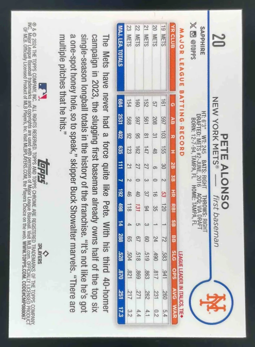 2024 Topps Chrome Sapphire Chrome Gold Refractor #20 Pete Alonso /50 - Image 2