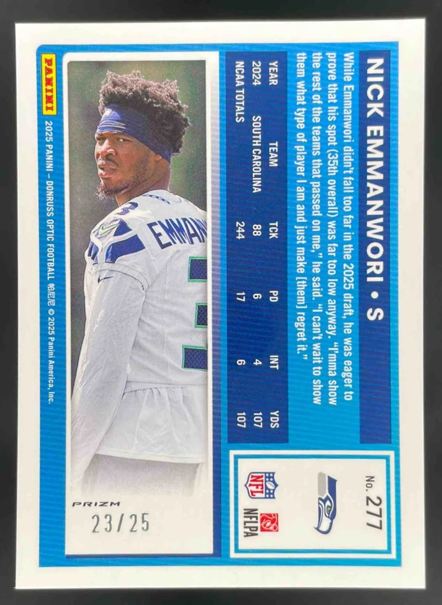 2025 Donruss Optic Rated Rookie Black Pandora Prizm #277 Nick Emmanwori RC /25 - Image 2