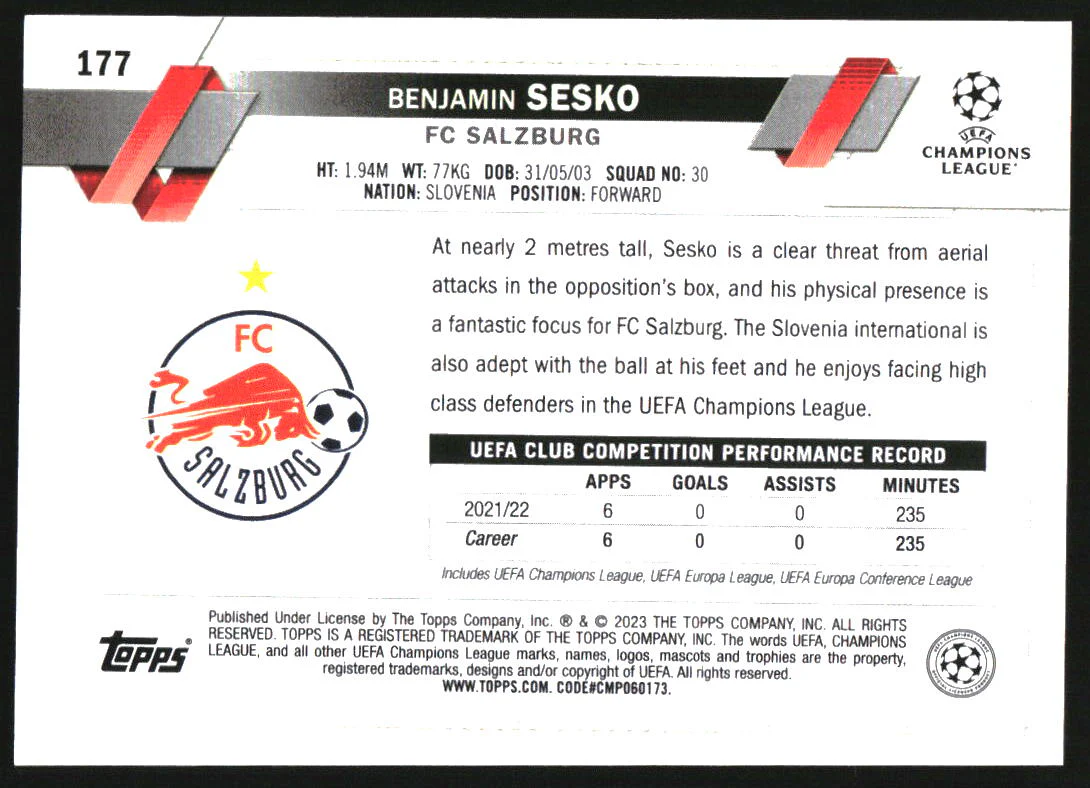 2022-23 Topps Chrome Red Gold Seismic Refractors #177 Benjamin Sesko - Image 2