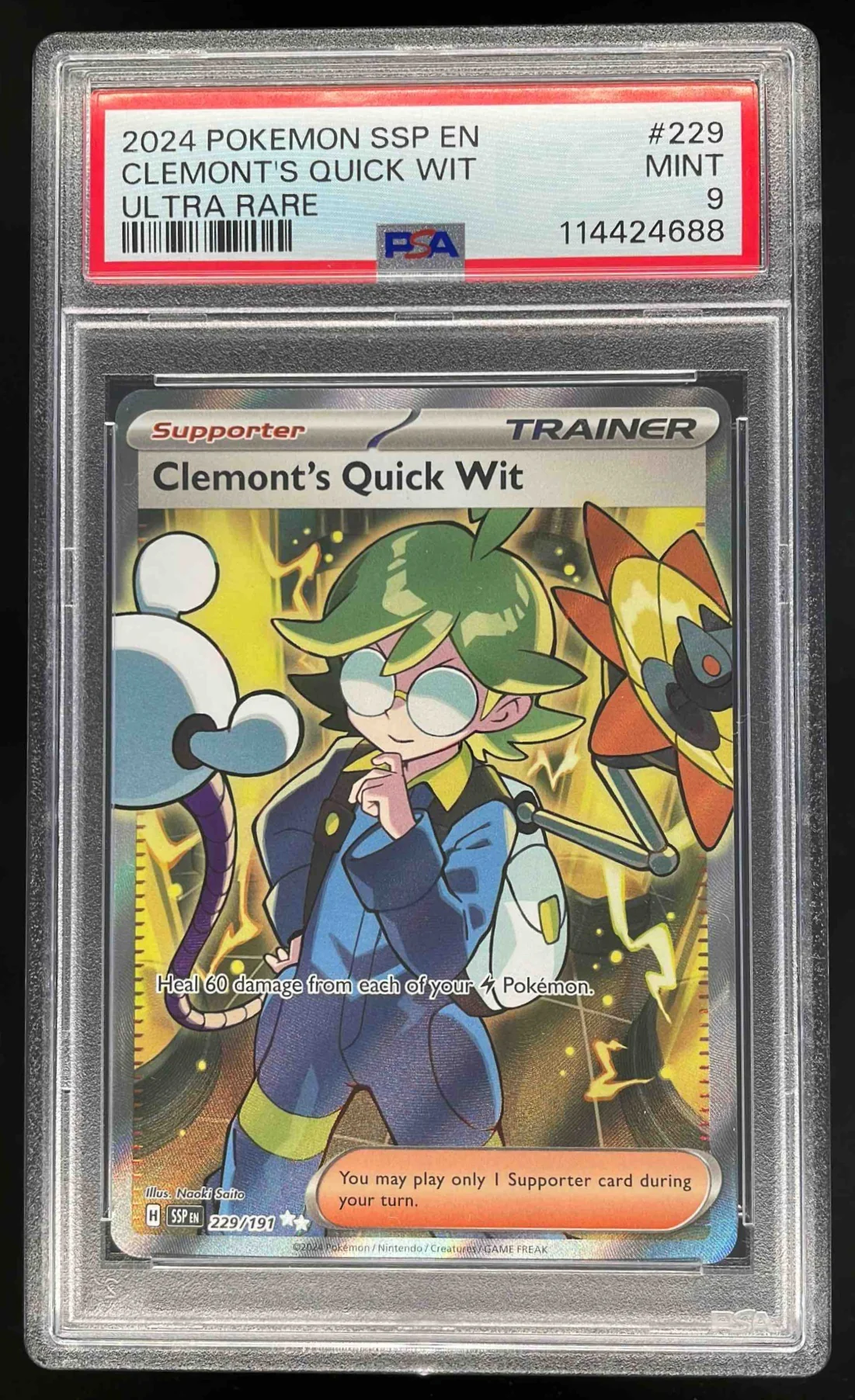 2024 Pokemon Surging Sparks #229/191 Clemont's Quick Wit PSA 9