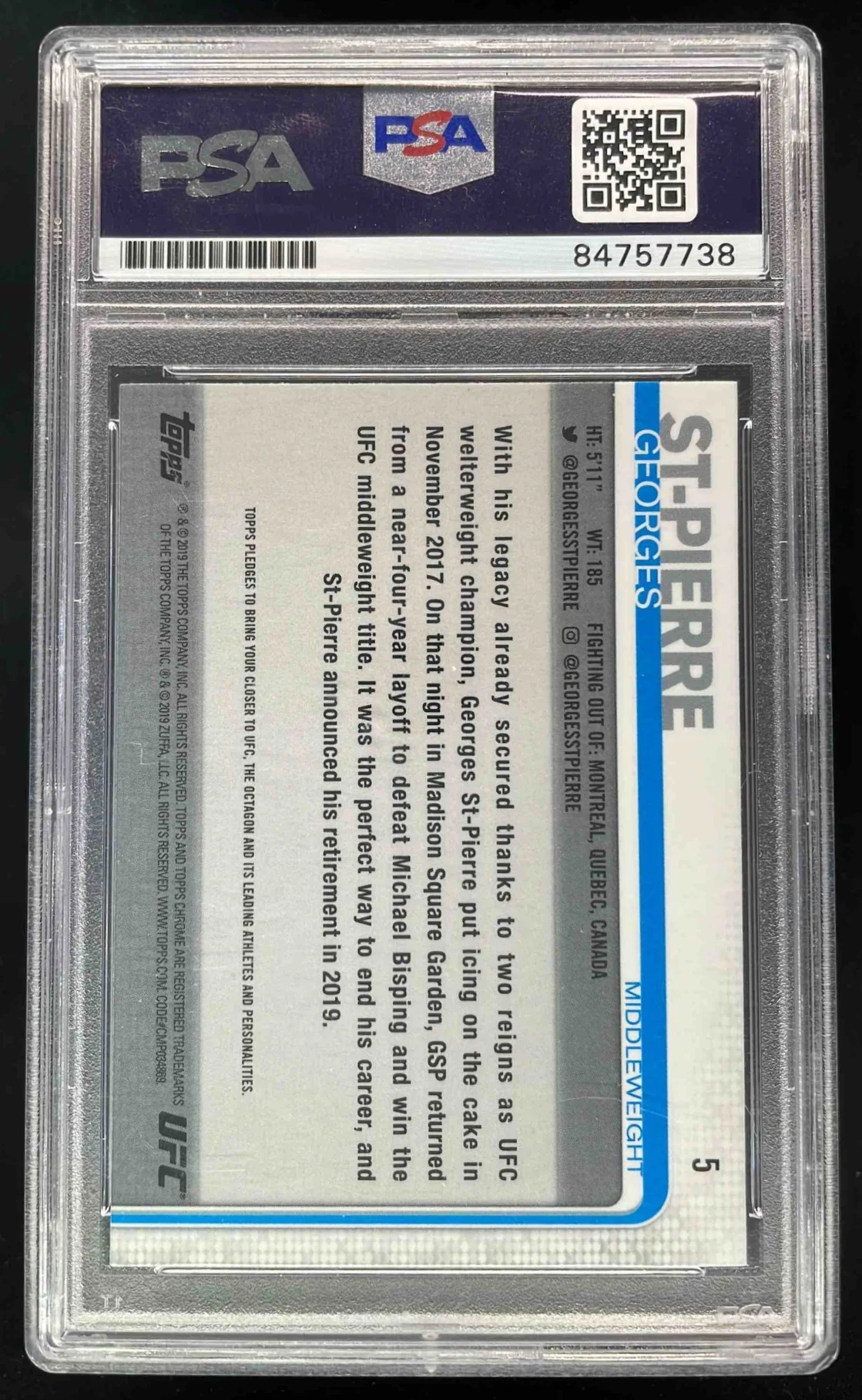 2019 Topps Chrome UFC #5 Georges St-Pierre Autograph Auto PSA Authentic - Image 2