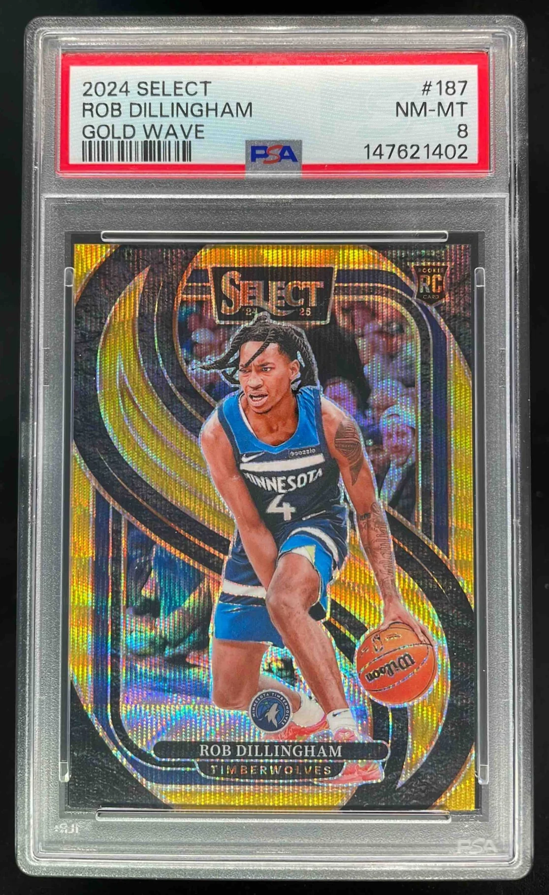 2024-25 Panini Select Premier Gold Wave Prizm #187 Rob Dillingham RC /10 PSA 8