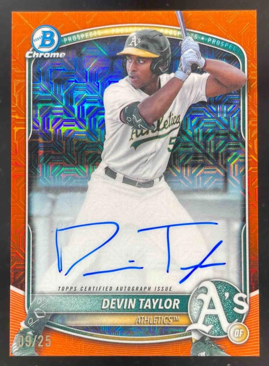 2025 Bowman Draft Chrome Orange Mojo Refractor #BMA-DT Devin Taylor RC Auto /25