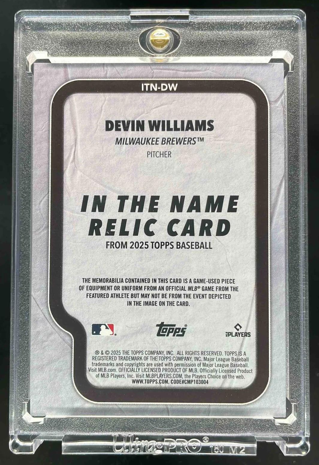 2024 Topps In the Name Relics #ITN-DW Devin Williams 1/1 - Image 2