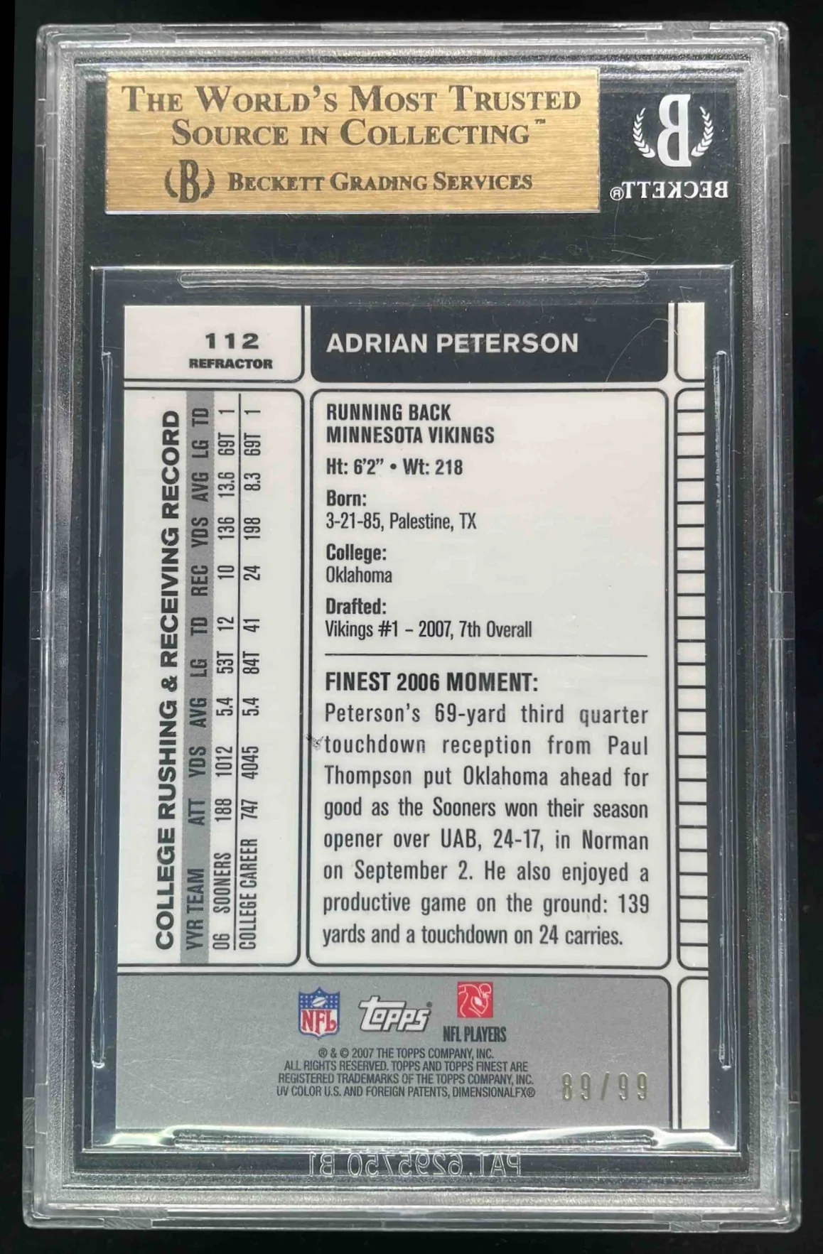 2007 Topps Finest Black Refractors #112 Adrian Peterson RC /99 BGS 9.5 - Image 2