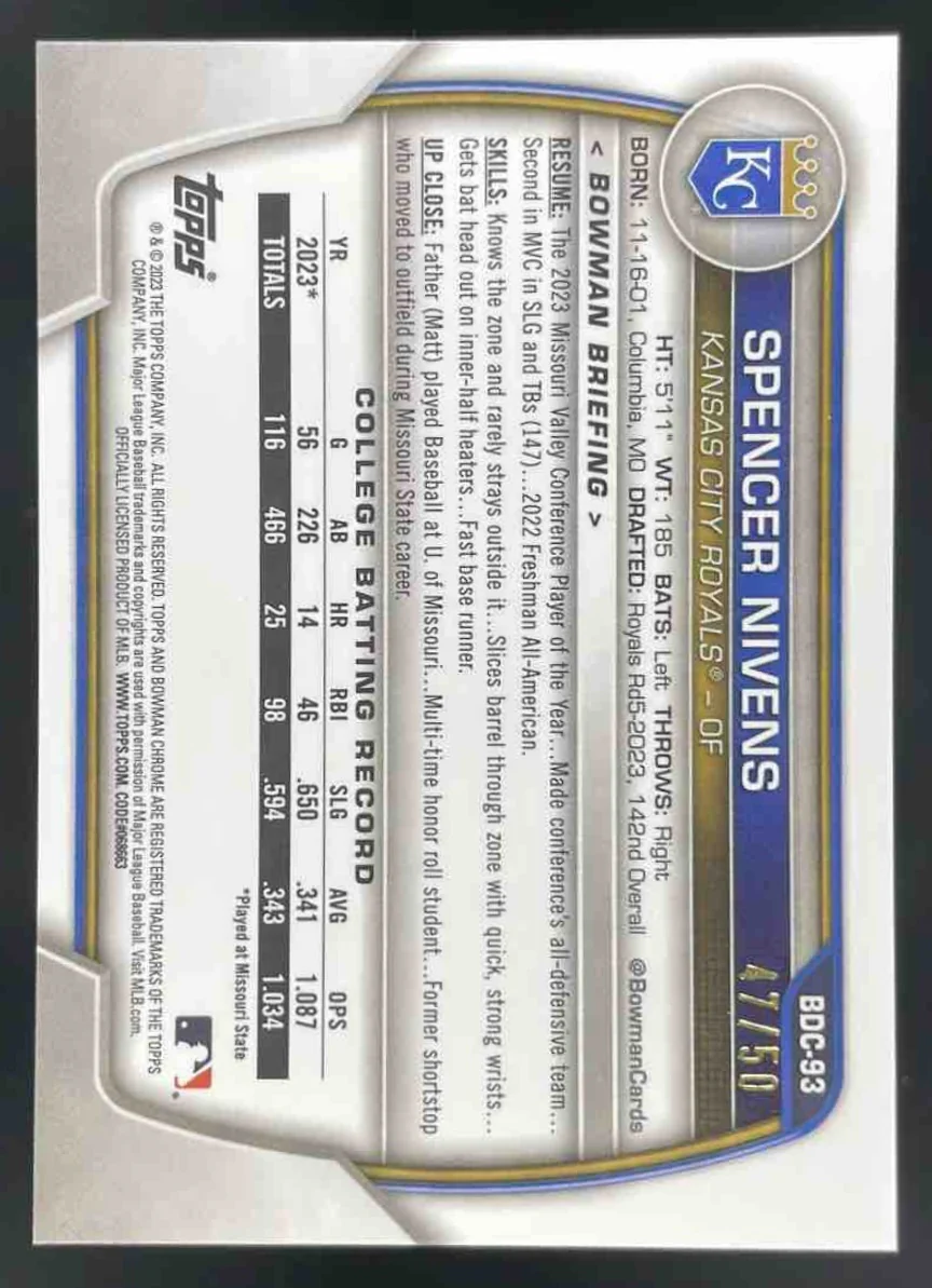 2023 Bowman Draft Sapphire Chrome Gold Refractor #BDC-93 Spencer Nivens RC /50 - Image 2
