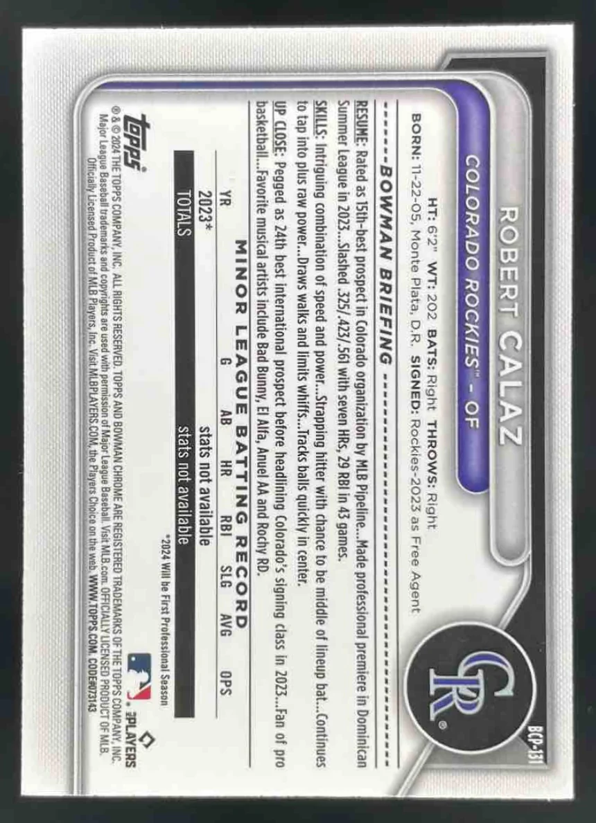 2024 Bowman Chrome Prospects Yellow Refractors #BCP-131 Robert Calaz RC /75 - Image 2