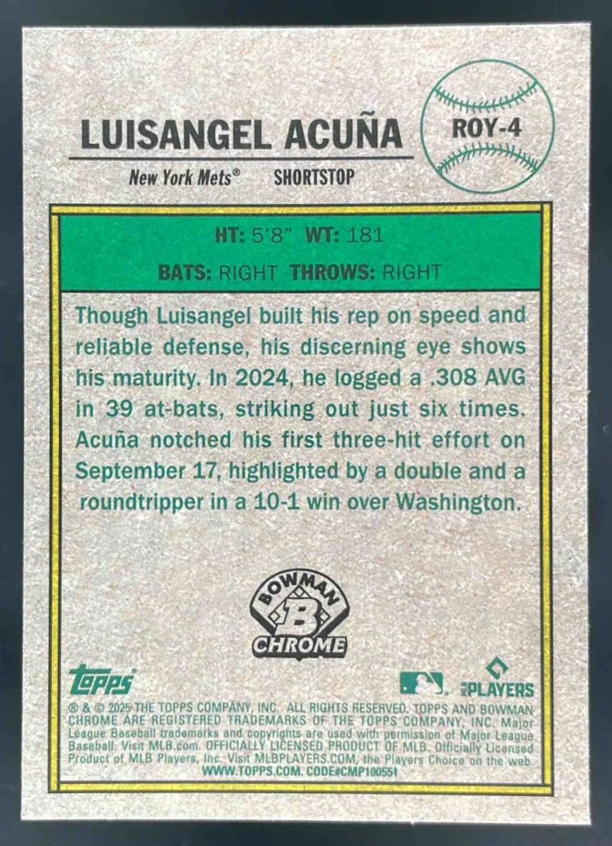 2025 Bowman Chrome Rookie of the Year Favorites #ROY-4 Luisangel Acuna RC - Image 2