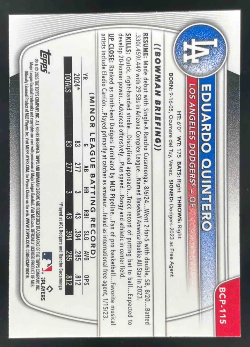 2025 Bowman Chrome Prospect Mini Diamonds Refractor #BCP-115 Eduardo Quintero RC - Image 2