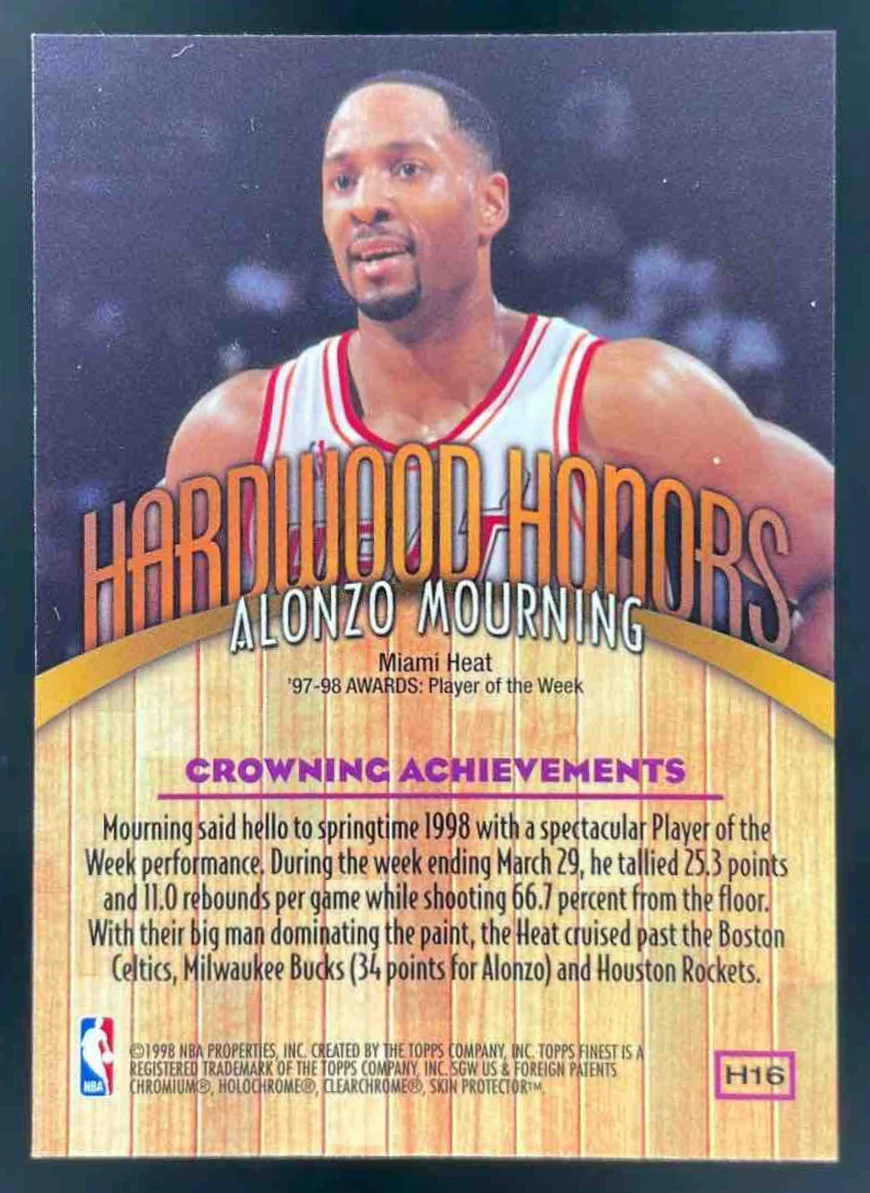1998-99 Topps Finest Hardwood Honors #H16 Alonzo Mourning - Image 2