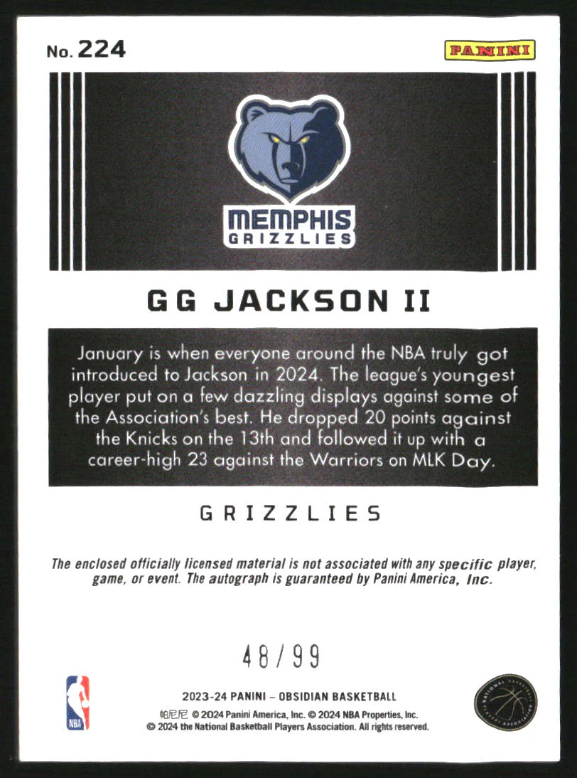 2023-24 Panini Obsidian #224 GG Jackson II RC Jersey Auto /99 - Image 2