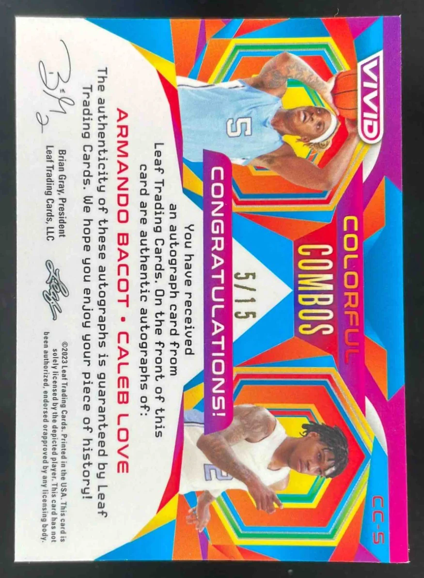 2022 Leaf Vivid Colorful Combos Dual Auto Green #5 Armando Bacot Caleb Love /15 - Image 2