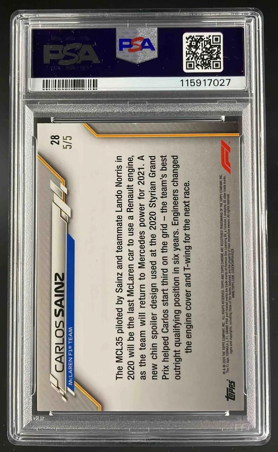 2020 Topps Chrome Formula 1 Red Refractor #28 Carlos Sainz /5 PSA 7 - Image 2