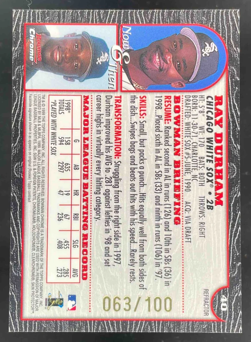 1999 Bowman Chrome International Refractors #40 Ray Durham /100 - Image 2