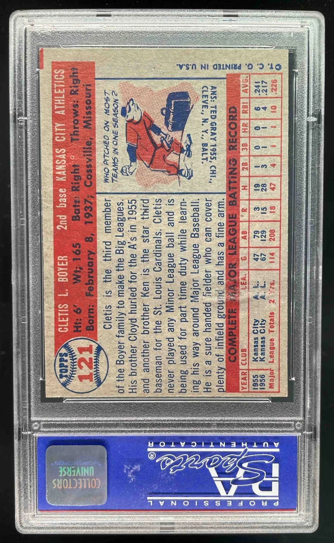 1957 Topps #121 Cletis Boyer RC PSA 6 - Image 2