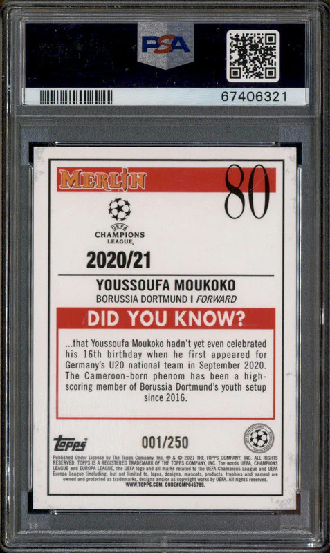 2020 Merlin Chrome UCL Atomic Youssoufa Moukoko RC Rookie /250 PSA 8 - Image 2
