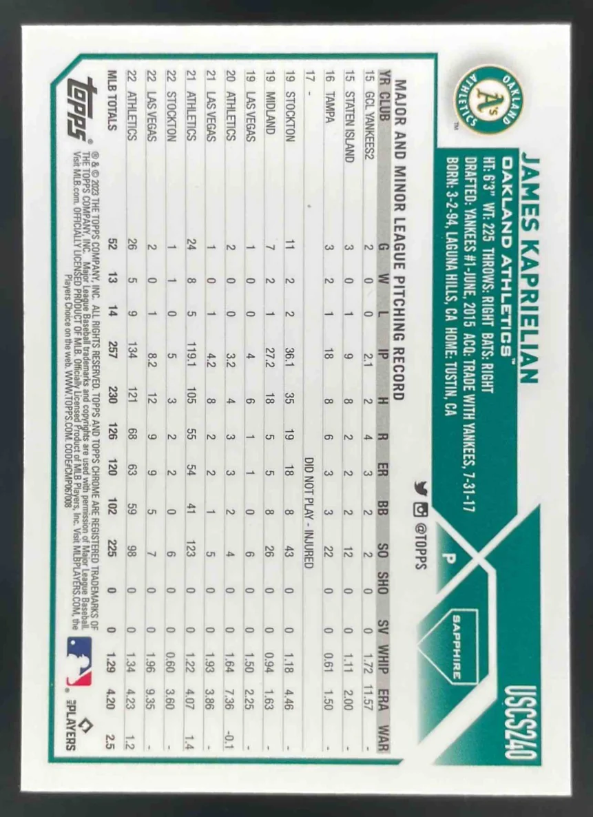2023 Topps Chrome Update Sapphire Chrome Black #USCS240 James Kaprielian /10 - Image 2