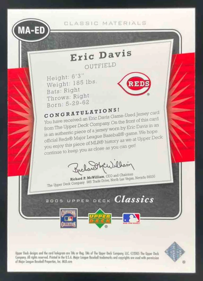 2005 Upper Deck Classics Materials #MA-ED Eric Davis - Image 2