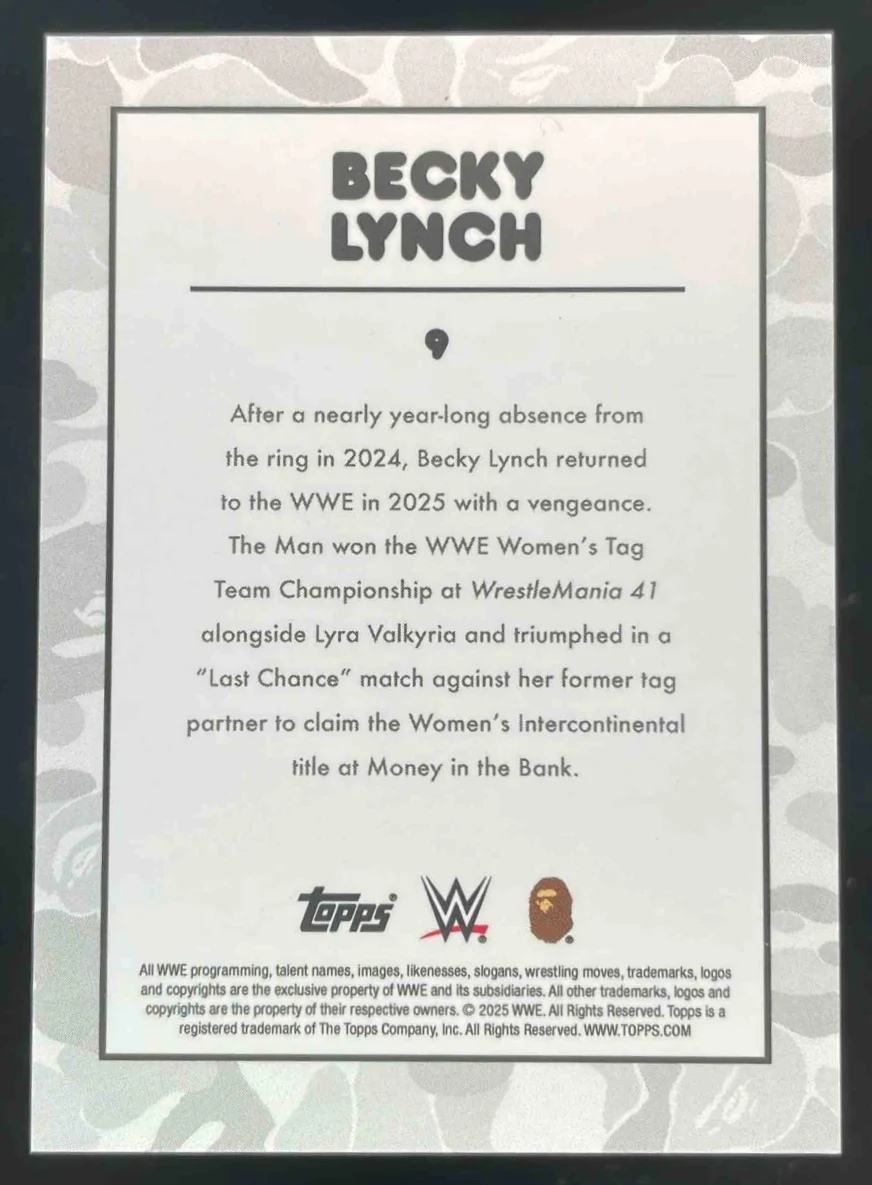2025 Topps WWE x Bape Yellow Camo #9 Becky Lynch /99 - Image 2