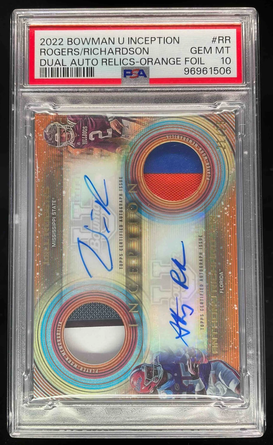 2022 Bowman Inception Orange Will Rogers Anthony Richardson Auto /25 PSA 10