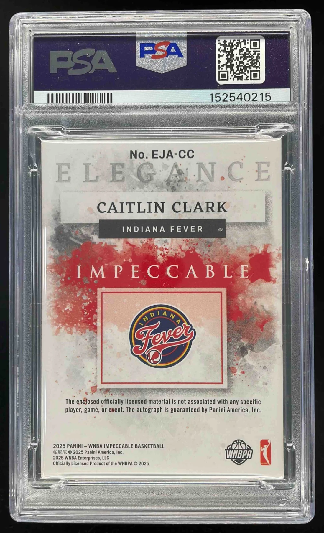 2025 Impeccable WNBA Elegance Jersey Holo Silver Caitlin Clark Auto /15 PSA 9 - Image 2