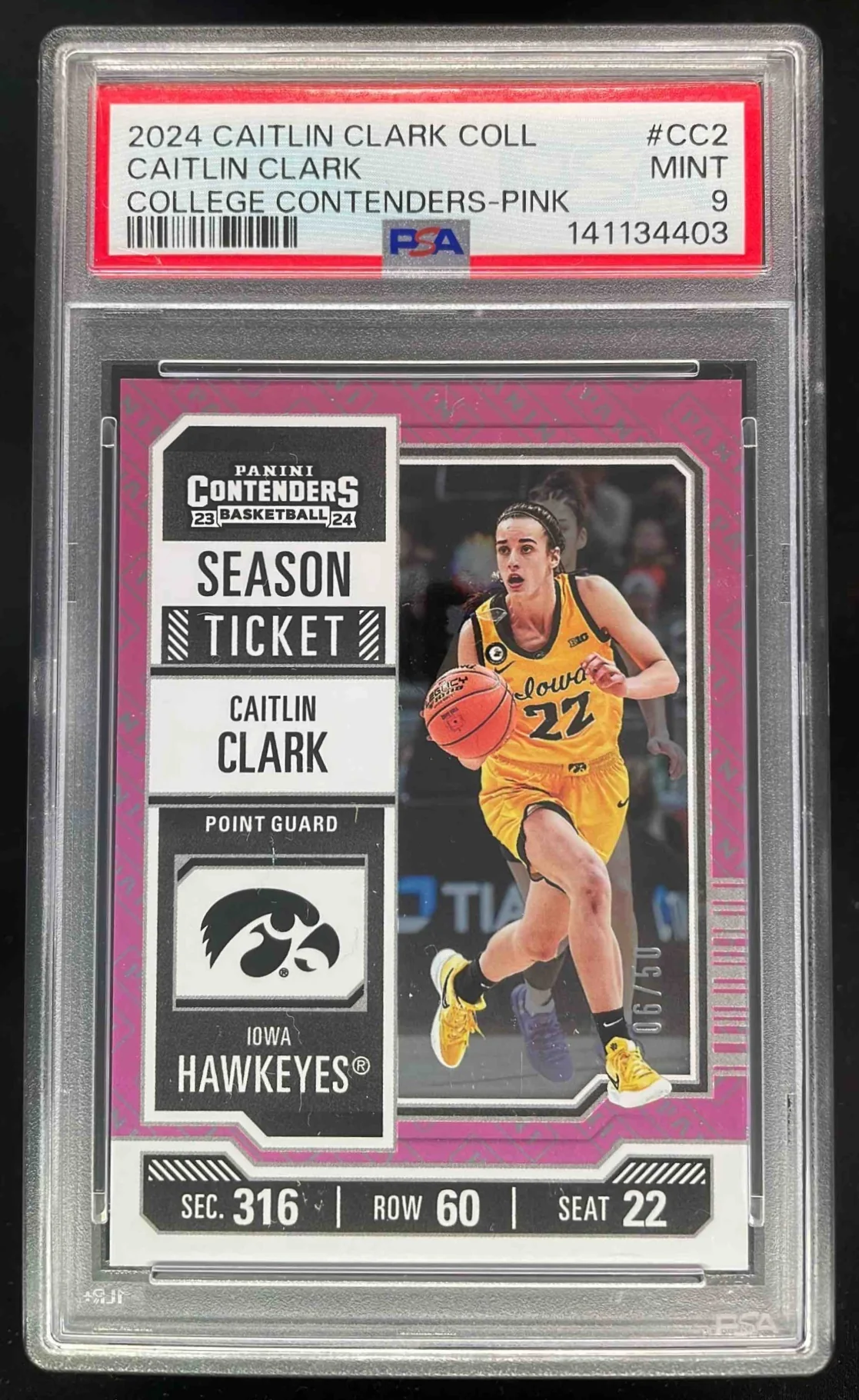 2024 Panini Collection College Contenders Pink #CC2 Caitlin Clark RC /50 PSA 9
