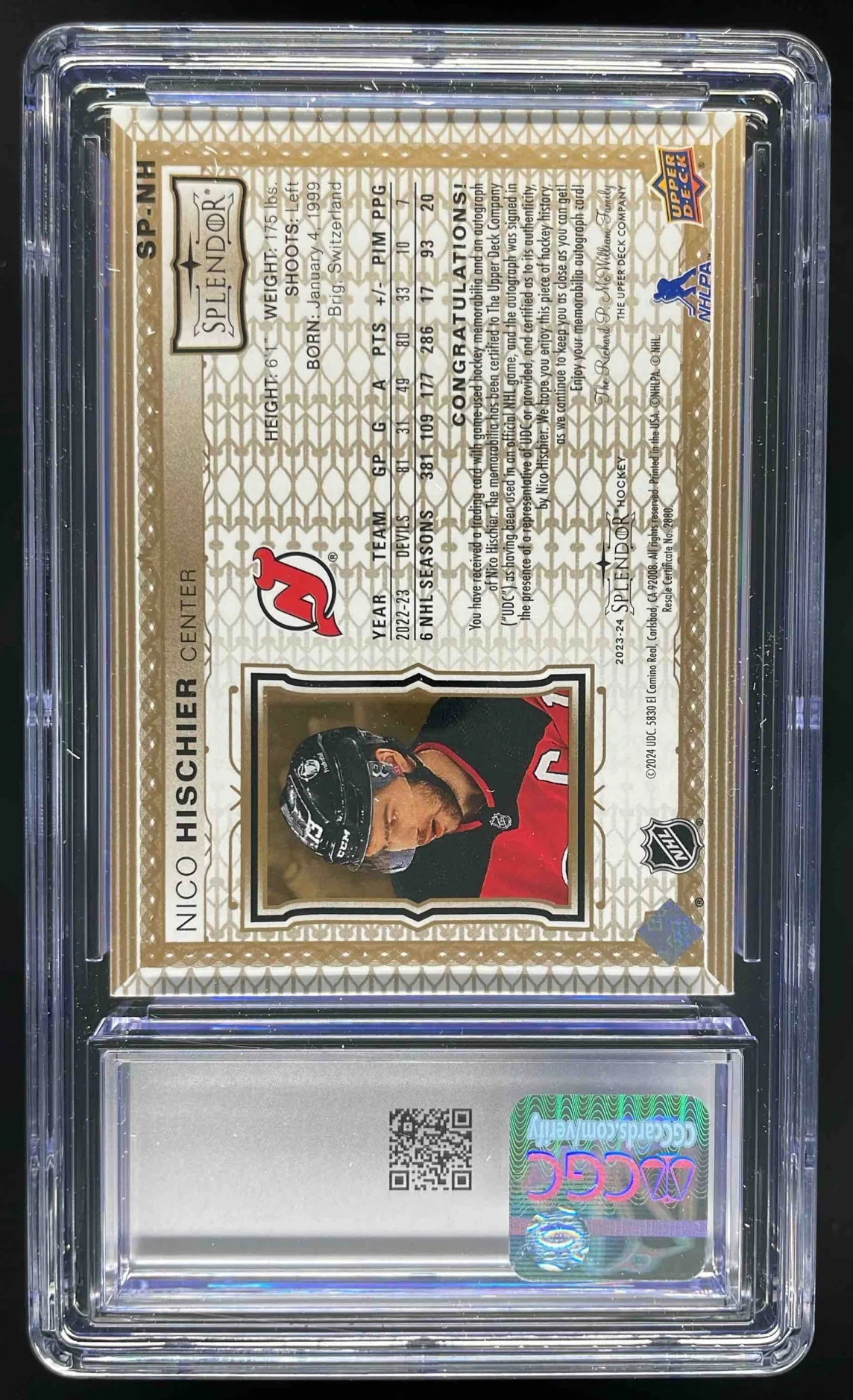 2023 The Cup Splendor #SP-NH Nico Hischier Autograph Auto /36 CGC 10 - Image 2
