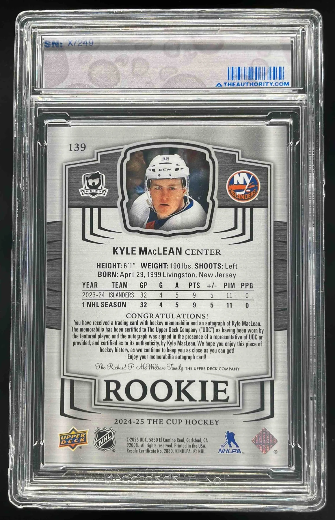 2024-25 Upper Deck The Cup #139 Kyle MacLean Rookie Patch Auto RC /249 - Image 2