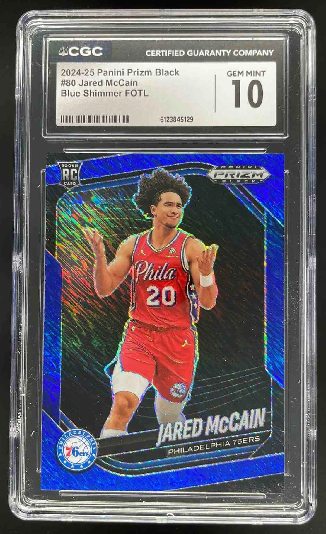 2024 Panini Prizm Black Blue Shimmer FOTL Prizms #80 Jared McCain RC /35 CGC 10