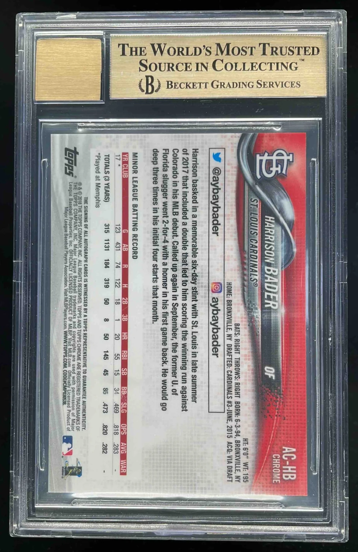 2018 Topps Chrome Sapphire Rookie #AC-HB Harrison Bader RC Auto BGS 9.5 - Image 2