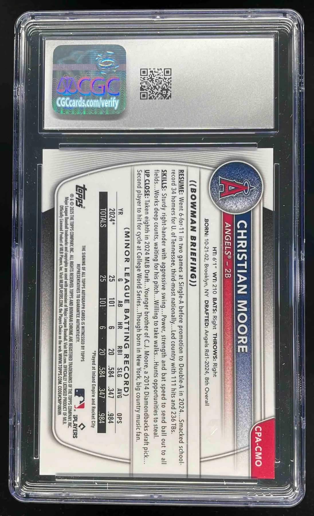 2025 Bowman Chrome Mini-Diamond Refractor #CMO Christian Moore Auto /100 CGC 10 - Image 2