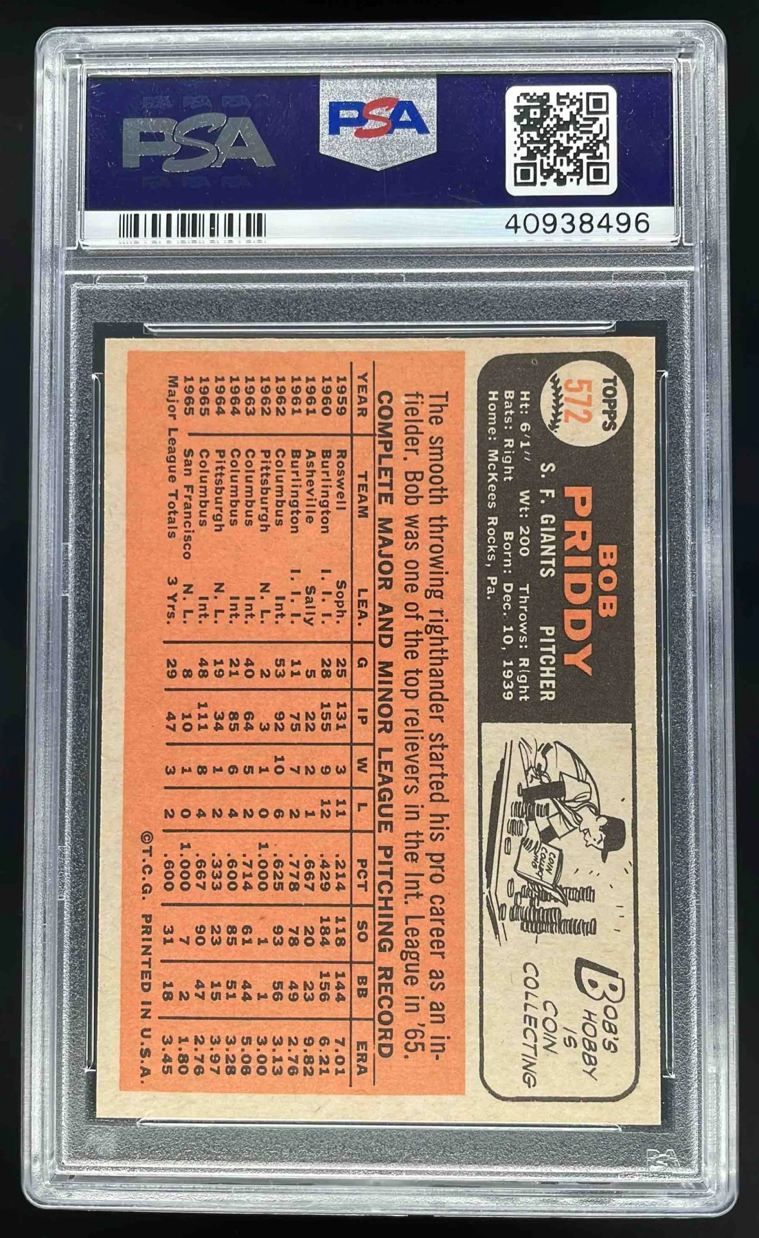 1966 Topps #572 Bob Priddy PSA 9 - Image 2