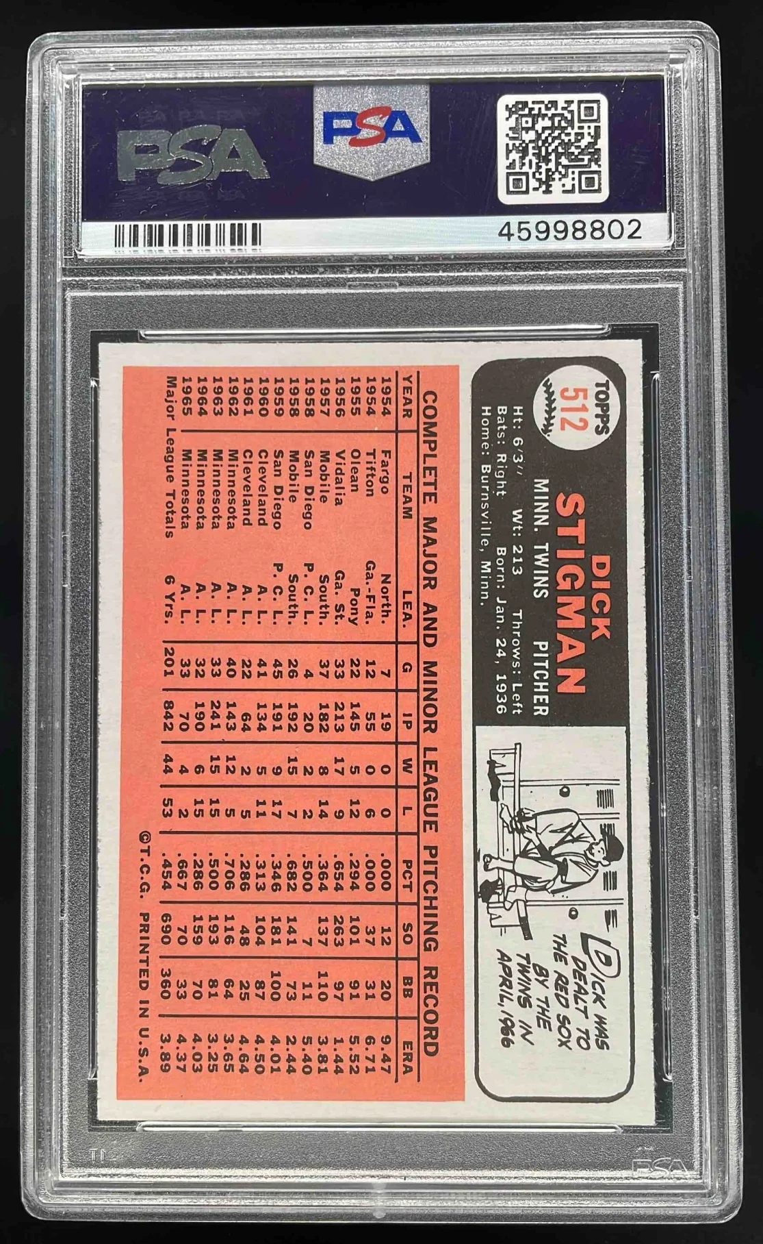 1966 Topps #512 Dick Stigman PSA 9 - Image 2